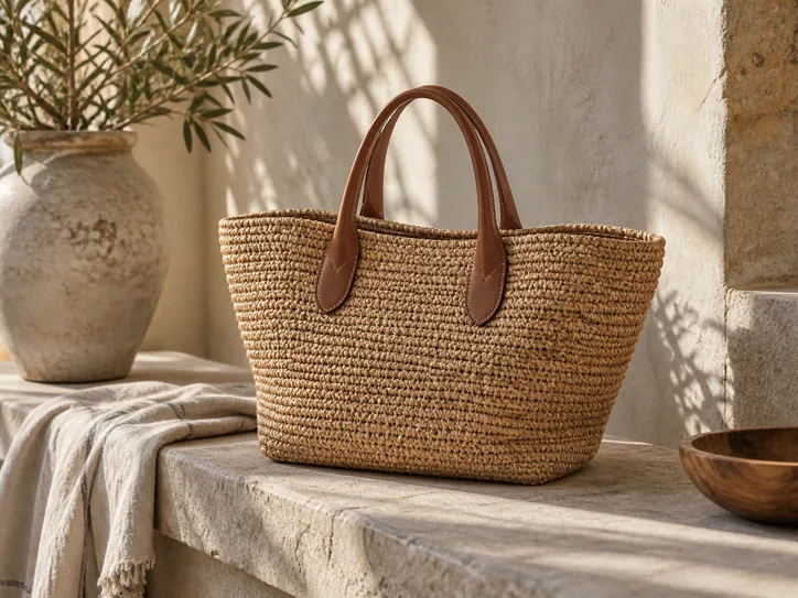 Handwoven raffia bag with leather handles