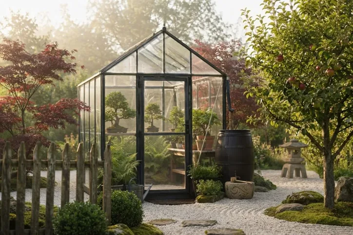 A glass greenhouse holding bonsai trees, surrounded by raked white gravel, mossy stones, a stone lantern, red maples and an apple tree.